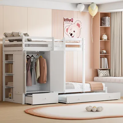 Image de OKWISH Lit superposé 90×200 cm avec lit gigogne 90×190 cm, lit en hauteur avec barrière de sécurité, lit enfant en bois massif avec armoire, tiroirs et étagères, blanc