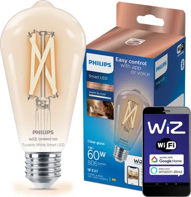 Obrázek produktu pro Philips Žárovka Filament čirá 7 W (ekv. 60 W) ST64 E27, Wi-Fi/Bluetooth, Wi-Fi 4 (802.11n), 802.11b, 802.11g, LED, E27, ST64, 2700 K