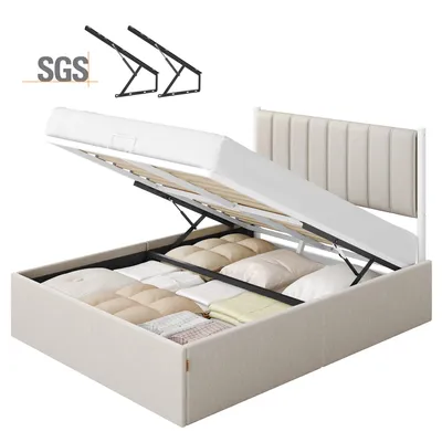 Produktbild von VASAGLE Bettgestell, 140 x 200 cm, hochklappbar Lattenrost, Stauraum unter dem Bett, mit Kopfteil, beige