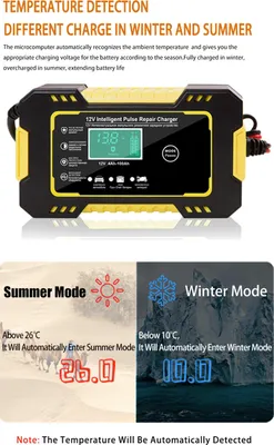 Image de Chargeur de batterie de voiture, 12 V, 6 A, chargeur automatique intelligent avec écran LCD, réparation par impulsions pour voiture, tondeuse à gazon, moto, bateau, SUV, acide de plomb à cellule gel AGM