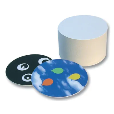 A stack of white circular coasters and two decorative coasters are shown on a white background.