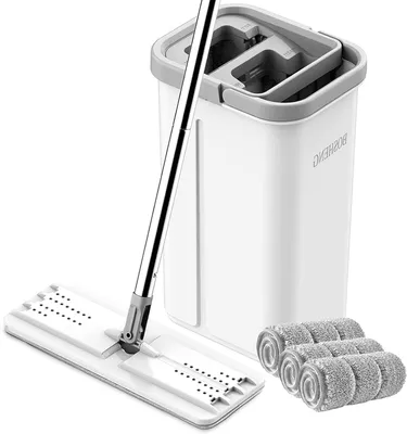 Obrázok produktu pre Mop s automatickým odstreďovaním – Čistiaci systém – Čistenie podláh – Odstreďovanie bez použitia rúk – 3 umývateľné utierky – Biela