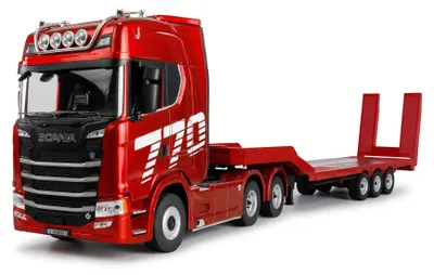 Zdjęcie produktu dla Amewi Scania 770 S, zestaw ciągnik siodłowy + naczepa platformowa, skala 1:18, kolor czerwony