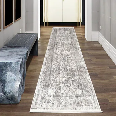 Image de Tapis oriental en laine doux et facile à entretenir avec des motifs vintage pour le salon et la chambre à coucher en gris Taille - 80 x 300 cm