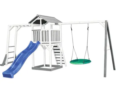 Produktbild von AXI Beach Tower Spielturm aus Holz in Weiß & Grau | Spielhaus für Kinder mit blauer Rutsche, Klettergerüst, Nestschaukel und Sandkasten | Stelzenhaus