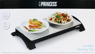 The image shows the packaging of a Princess Cordless Warming Tray, with the product displayed on top.