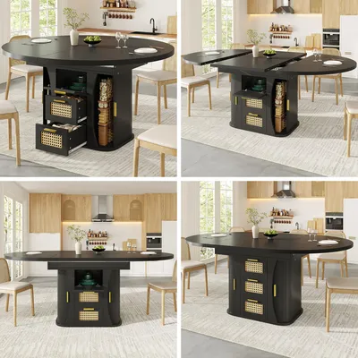 Productafbeelding van Uitschuifbare eettafel, 118–158 × 118 × 77,1 cm, met rietenladen en opbergruimte, gemaakt van MDF en metaal, met een houtlook in zwart, natuurhout en bruin, belastbaar tot 75 kg