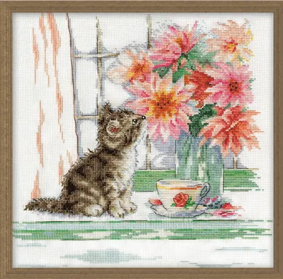 Produktbild von Design Works Kreuzstich Stickpackung "Neugierige Katze", Zählmuster, 30x30cm