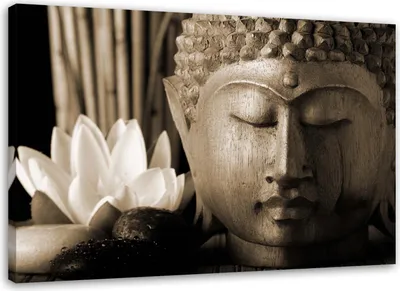 Produktbild von Leinwandbild buddha-kopf mit lilie 120x80 cm Feeby beige wandbild bereit zum aufhängen