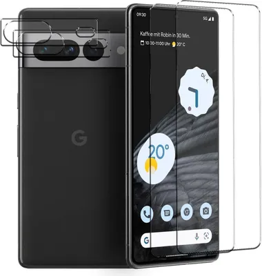 A Google Pixel 7 Pro phone with screen protectors and camera lens protectors shown.