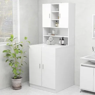 Image de Armoire haute avec rangements pour salle de bains et toilettes, blanche