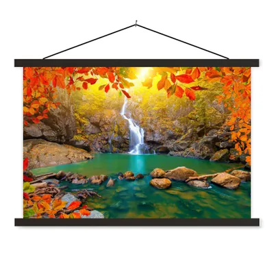 Produktbild von MuchoWow® Textilposter Steine - Baum - Wasserfall - Herbst - Rot 90x60 cm mit schwarzem Rahmen - Aufhängungssatz