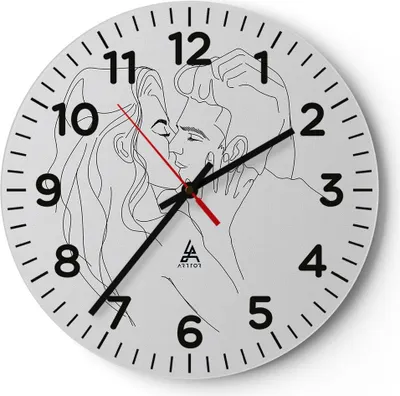 Produktbild von Wanduhr - Rund - Glasuhr - Kuss Paar Skizze - 30x30cm - Schleichendes Uhrwerk - Lautlos - zum Aufhängen bereit - Dekoration Modern - Wanddekoration aus Glas - C4AR30x30-4434