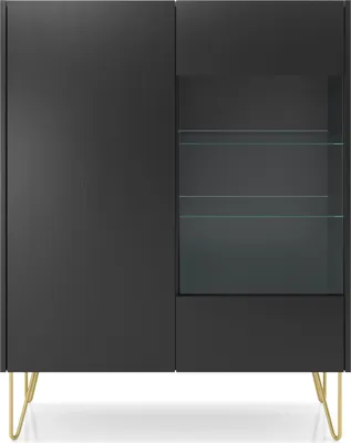 A black vitrine with glass shelves and gold legs on a white background.