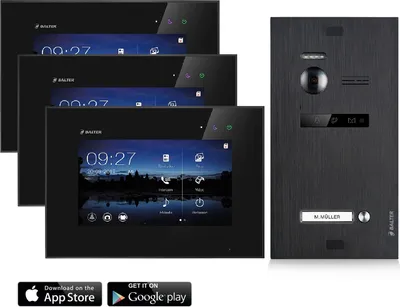 Produktbild von Video Türsprechanlage mit Smartphone App für 1 Familienhaus, Schwarz, 3x Monitore, Balter EVO WLAN Schwarz