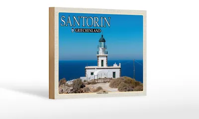 Produktbild von Holzschild Reise 18x12 cm Santorin Griechenland Leuchtturm Akrotiri