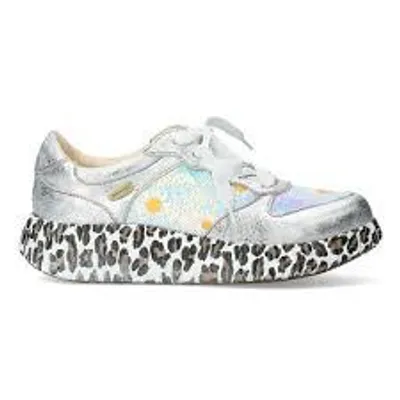 Produktbild von LAURA VITA Damen Sneaker Nikito 52 argent/silber/weiss mit bedrucktem Leoplateau Leder-Paillettenmix breite Weite G Grösse 39 EU