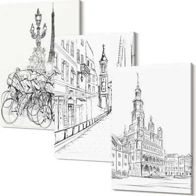 Produktbild von Leinwandbild – Wandbild – Leinwandbilder – Kunstdruck – Polycanvas – Modern – Mehrteilig – 3-Teilig Set – Hochwertig – Geruchslos – Lichtecht – Fertig Aufgespannt – 20x30 Cm Je Teil - Einfache Zeichnungen von Stadtansichten