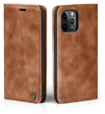 A brown leather flip case for an iPhone is shown from two angles.