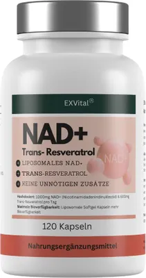 Produktbild von NAD+ Kapseln, hochdosiert 1000mg NAD+ & 600mg Trans-Resveratrol pro Tag, 120 Stück von EXVital