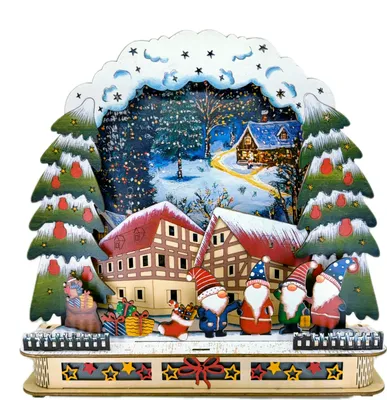 Produktbild von Kaladia Schwibbogen aus Holz - 3D Weihnachtslandschaft und Wichtel - mit Beleuchtung - ca. 29,5 x 7 x 29 cm