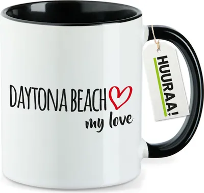 Produktbild von Huuraa Kaffeetasse Daytona Beach my love 330ml Schwarz Keramik Kaffeebecher Geschenkidee