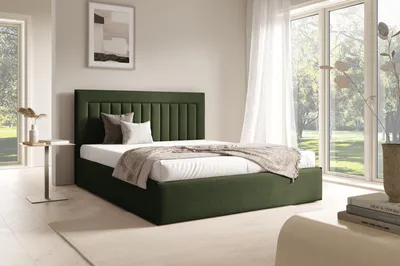 Obrázok produktu pre FURNISTAR Čalúnená posteľ BEA I s úložným priestorom | Dvojlôžková s úložným priestorom a roštom | Vzhľad boxspring | Bez matraca | Spálňa – tmavozelená