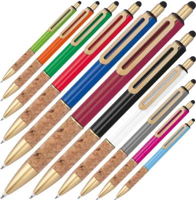 Produktbild von 11 Touchpen Metall-Kugelschreiber mit Korkgriffzone / 11 Farben
