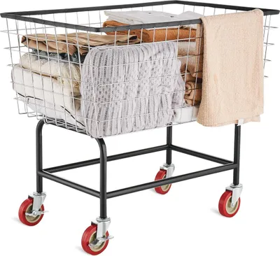 Produktbild von Draht-Wäschewagen, 4,5-Bushel-Draht-Wäschekorb mit Rädern, 35'' x 15,7'' x 22'' Gewerblicher Draht-Wäschekorbwagen, Stahlrahmen mit Chromoberfläche, 5''-Rollen, Drahtkorbwagen für Lau