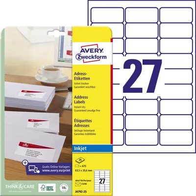 Obrázok produktu pre Avery J4792-25, Biela, Papája, Inkjet, 63.5 x 29.6 mm, 675 kusov