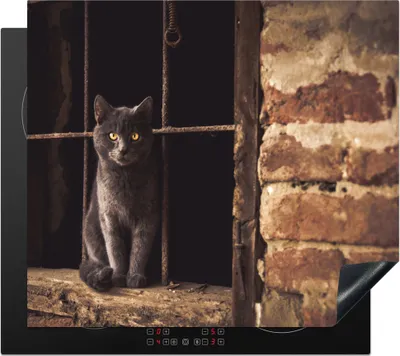 Produktbild von KitchenYeah© Herdabdeckplatte Katze - Ziegel - Mauer , 59x52cm, Küche Deko, Glaskeramikkochfeld Herdabdeckung, Abdeckplatte fùr Kochfeld
