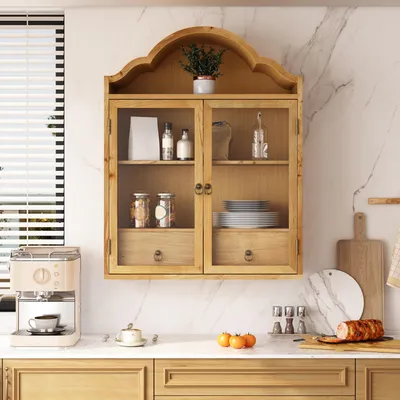 Productafbeelding van MODFU Retro wandkast met golvend dak, hangende kast met lade, houten keukenkast met gehard glas, natuurlijke uitstraling