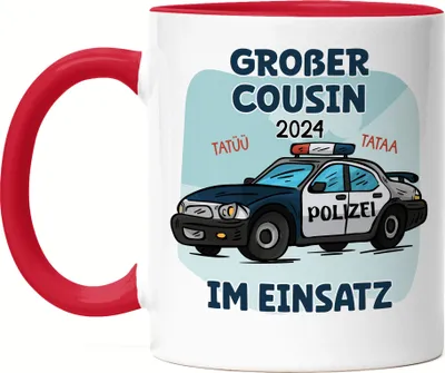 Produktbild von Großer Cousin Im Einsatz 2024 Tasse Rot Polizei Geschwister Liebe Retter Polizeiauto Familie Beschützer Tatü Tata