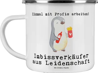 Produktbild von Mr. & Mrs. Panda Emaille Tasse Imbissverkäufer Leidenschaft - Weiß - Geschenk, Kaffeepott, Pommesliebe, Spruch, Pott, Witzig, Haferl, Lustig, emaillebecher, Teetasse