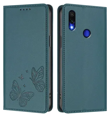 Obrázek produktu pro Kožené pouzdro pro Xiaomi Redmi Note 7/Note 7 Pro, motýlí ražbou, peněženkové flip pouzdro se stojánkem Zelená