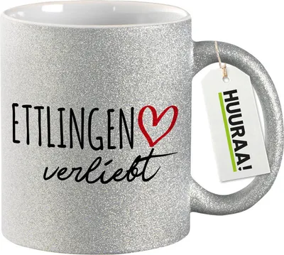 Produktbild von Huuraa Glitzertasse Ettlingen verliebt 330ml Silber Keramik Kaffeebecher Geschenkidee