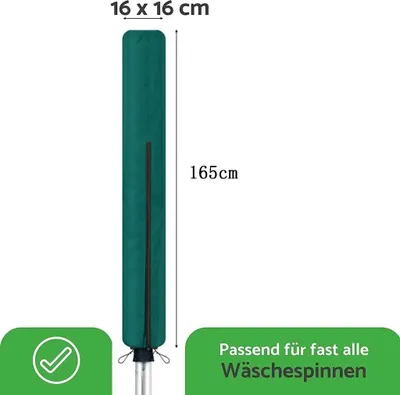 A green cover for a clothesline dryer is shown with dimensions and text indicating its suitability for most clothesline dryers.