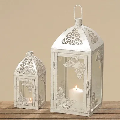 Produktbild von Laterne Windlicht Weiß Eisen Metall Schmetterling Shabby klein