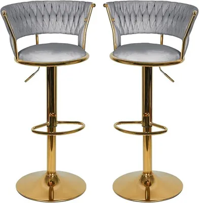 Image de Tabouret de bar en velours, tabouret de bar, design avec des pieds en métal doré, chaises de bar et cuisine moderne (pieds dorés, gris, lot de 2)