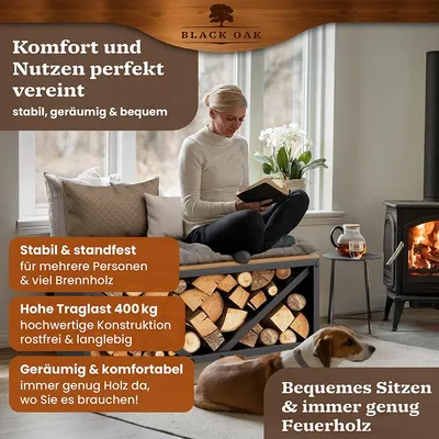 Produktbild von BLACK OAK Kaminholzregal OHIO 102x41x35cm schwarz modern Stahl & Holz Brennholz Regal stabil innen