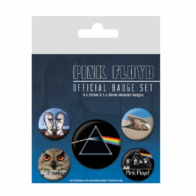 A product packaging for a Pink Floyd badge set, showing the packaging and the badges inside.