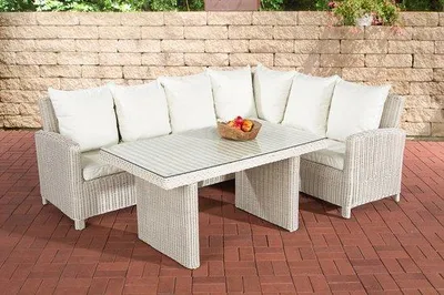 Productafbeelding van Tuinmeubels - Glazen tafel - Rieten meubels - Buitenmeubels - Eettafel - Loungeset - Terrastafel - Salonmeubels - Wit - Voor 6 personen