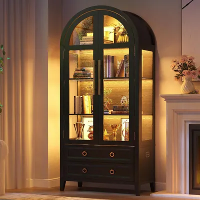 Produktbild von Glasvitrine mit LED Beleuchtung 180cm 4 Regale 2 Schubladen Schwarz