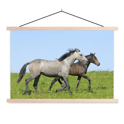 Produktbild von MuchoWow® Textilposter Pferde - Tiere - Gras 120x80 cm mit holzfarbenen Rahmen - Aufhängeset