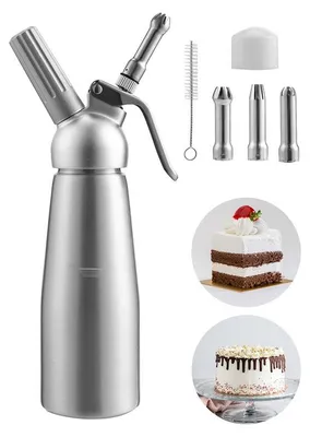 Produktbild von Clanmacy Sahnespender 0,5 L Aluminium Sahnesyphon Mit 3 Edelstahl Deko-Düsen und Reinigungbürste für die Zubereitung von Schlagsahne, Creme, Mousse N2O Sahnekapseln Nicht Enthalten