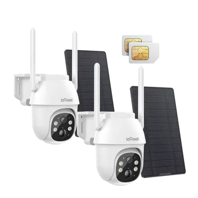 Two white security cameras with solar panels and SIM cards are displayed against a white background.