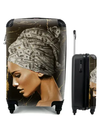 Produktbild von MuchoWow® Koffer Handgepäck Trolley Rollkoffer Kleine Reisekoffer mit 4 Rollen - Frau - Kopftuch - Geldscheine - Cabin Size < 55x40x23 cm & 55x40x20 cm - Fotokoffer - Kabinenkoffer - Boardgepäck - Reise-Box - Reisekoffer - Reisegepäck - Koffer mit Bild - Trolley für Kinder