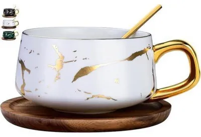 Productafbeelding van Espressotassen set, 300 ml, cappuccino-tassen, marmerlook, porselein, met schotel en lepel, wit
