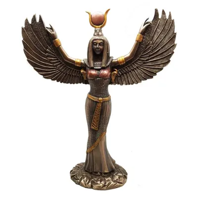 A bronze statue of the Egyptian goddess Isis with outstretched wings, standing on a rocky base.