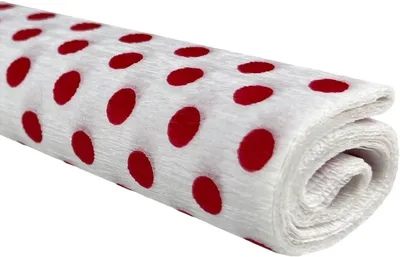 Produktbild von TYMOS-Krepppapier mit roten Punkten auf weißem Hintergrund, 10 Rollen à 50 x 200 cm